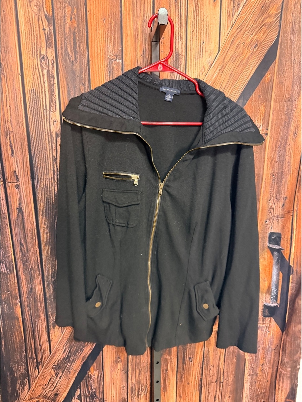 Tommy Hilfiger Women's Black Zip-Up Jacket with Ribbed Collar, Size 1X